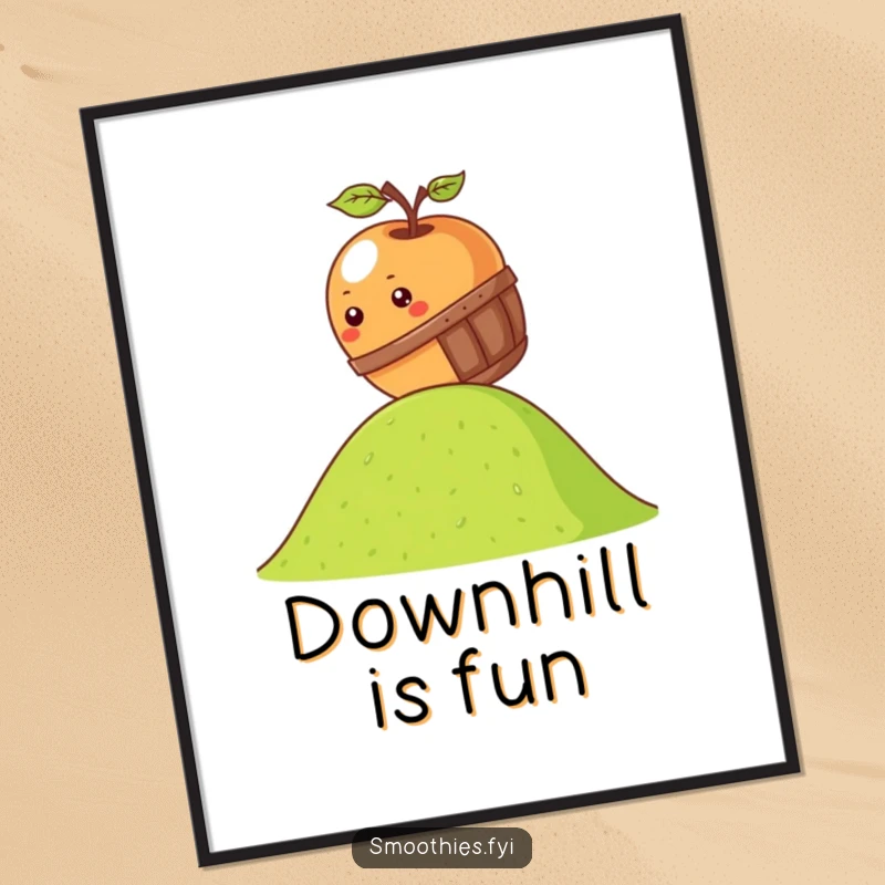 Funny kawaii apple digital art print showing an apple rolling down a hill in a miniature barrel, instant download.