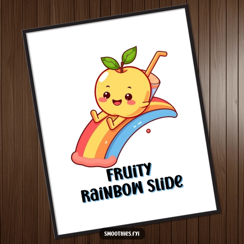 Funny smiling apple character playfully sliding down a rainbow into a smoothie, as downloadable art.