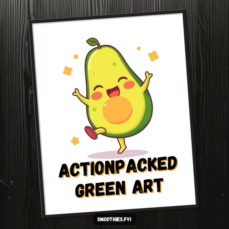 Funny digital art print of a gleeful avocado character in a dynamic high kick pose, perfect for energetic decor.