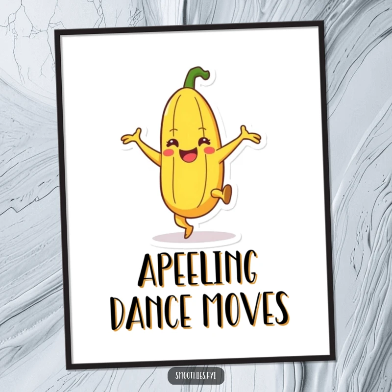 Funny happy banana character digital art print doing a silly dance with leg kicks, vibrant and humorous.