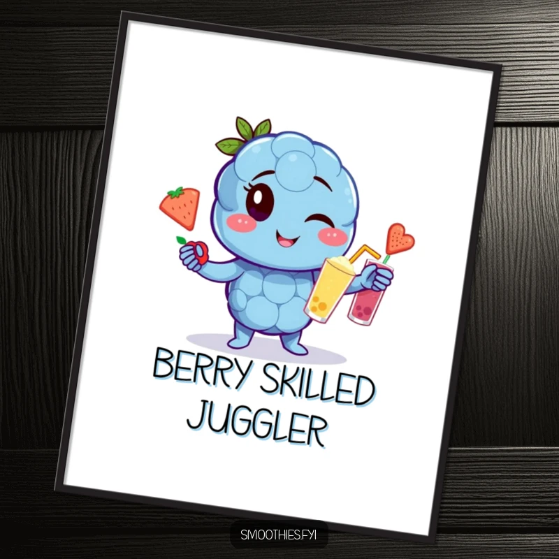 Funny winking blueberry character digital art print juggling fruit smoothies, cool and humorous.