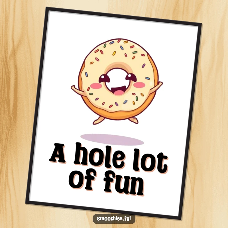 Funny donut digital art print of a giggling donut with sprinkles doing a playful jump, ready to add instant joy.