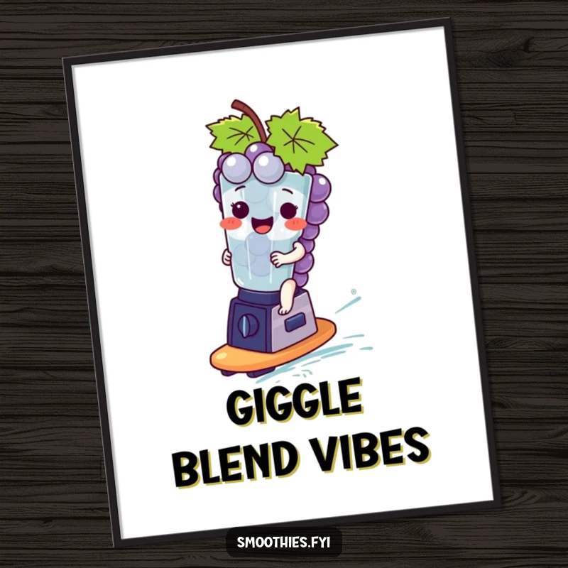 Funny giggling grape bunch character surfing a tiny blender like a surfboard, available as a downloadable digital art print.