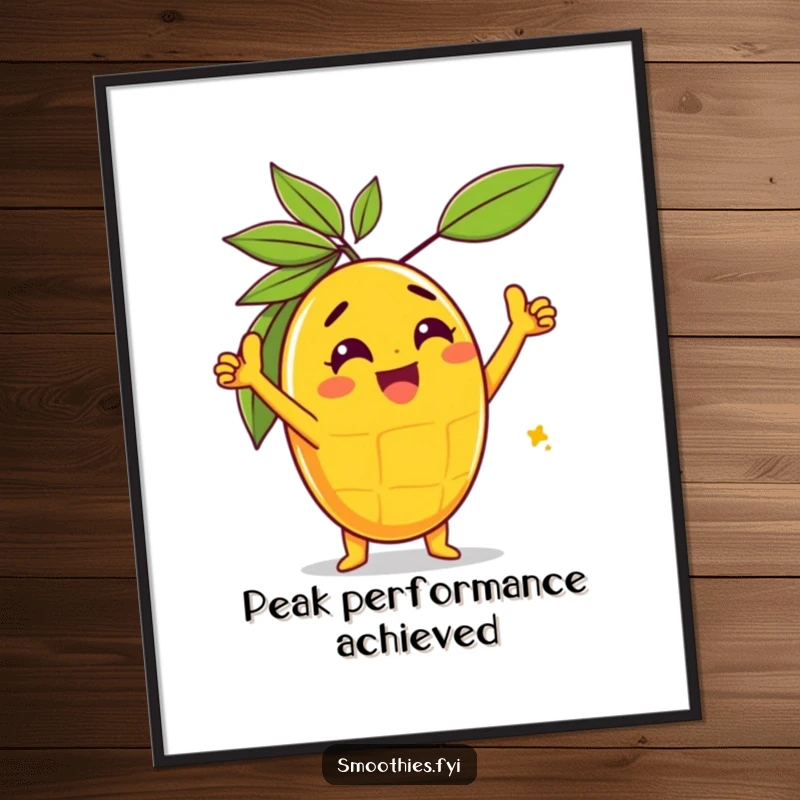 Funny gleeful mango character performing a triumphant pose on a digital art print, conveying success and humor.