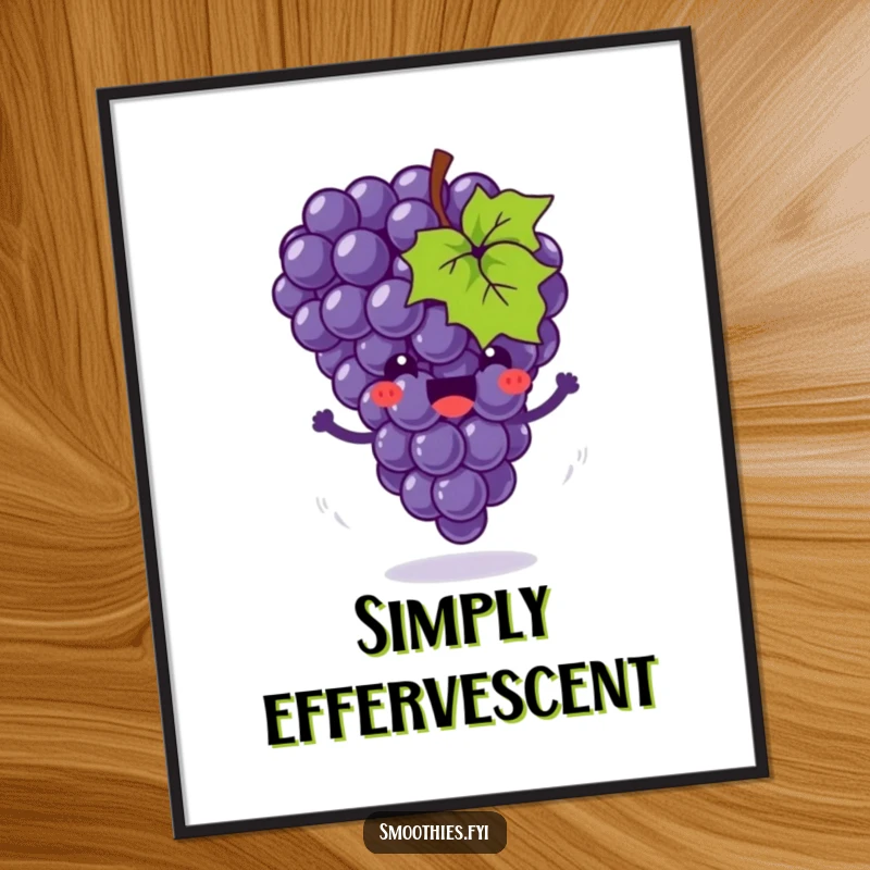 Funny digital art print of a joyful grape cluster happily bouncing with little motion swirls, a vibrant and humorous piece.