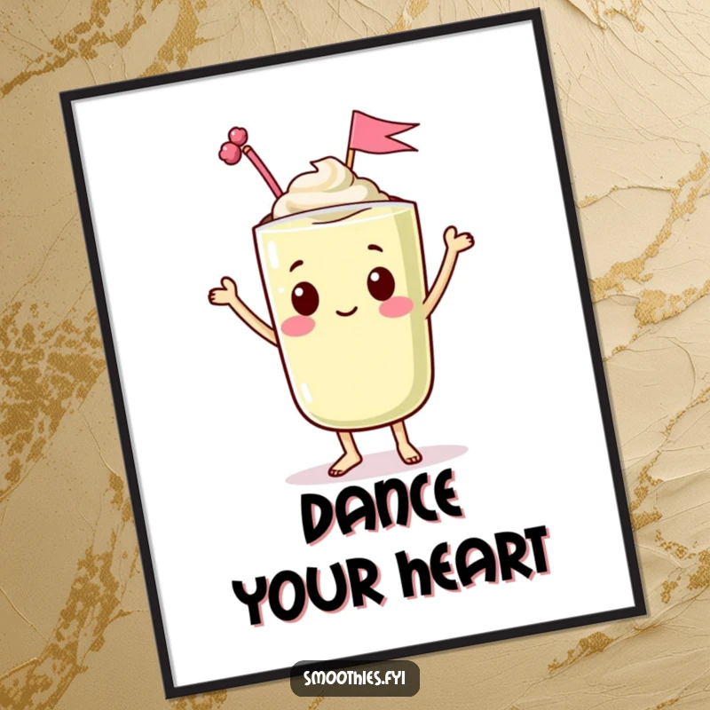Funny digital art of a dancing kawaii smoothie character waving a tiny flag, conveying humorous joy and festive celebration.