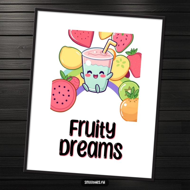 Funny Digital Art: A giggling Kawaii smoothie slides down a fruit rainbow, creating a visually cheerful image.