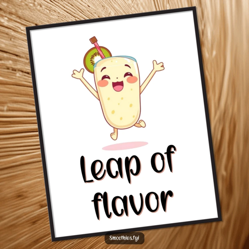 Funny digital art print of an excited kiwi smoothie character jumping with glee, ideal for instant energetic and cheerful decor.