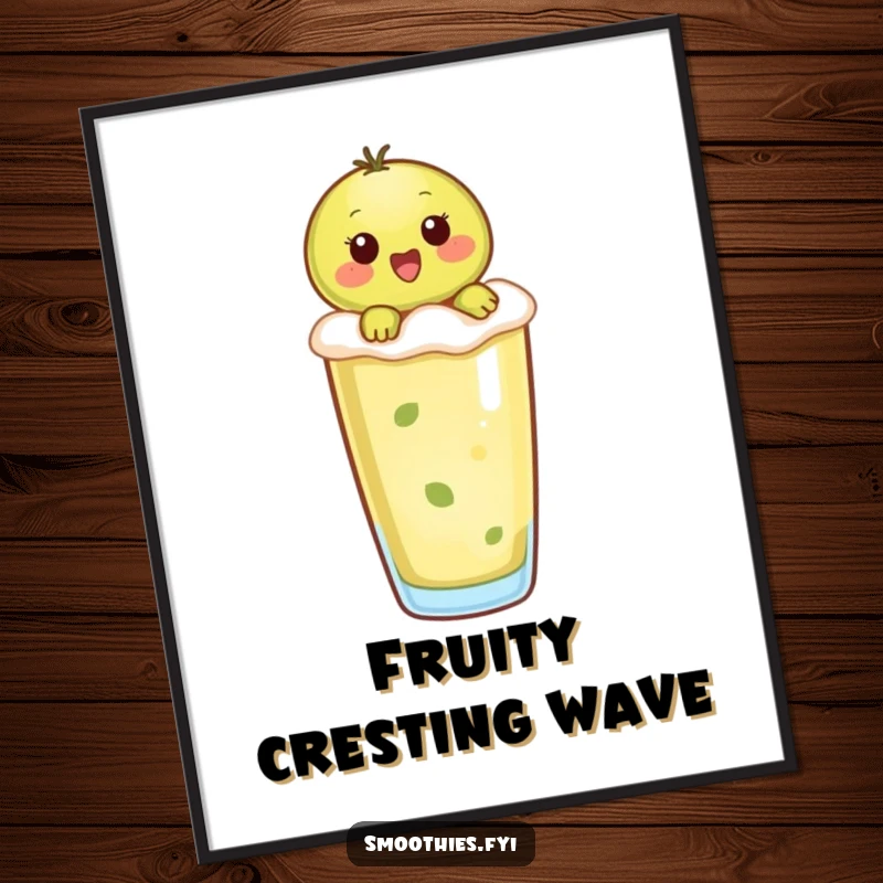 Funny kiwi character riding a frothy smoothie, a downloadable digital art print for immediate enjoyment.