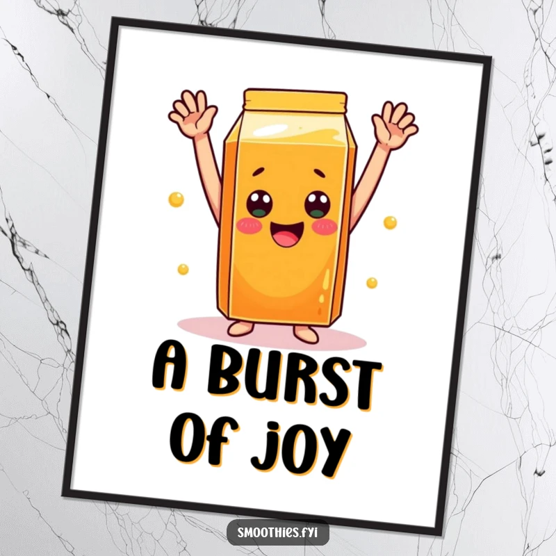 Funny orange juice carton digital art print of a cheerful carton with arms raised in celebration, ready to add instant joy.