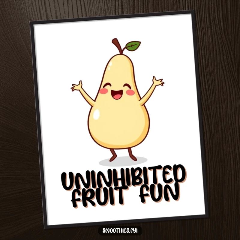 Funny digital art print of a smiling pear doing a silly dance with flailing arms, a vibrant and humorous piece.