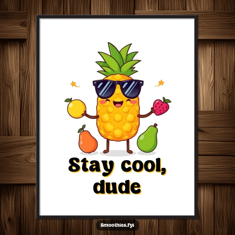 Funny pineapple with sunglasses juggles fruit as digital art, providing colorful, humorous, and ready-to-print decor.