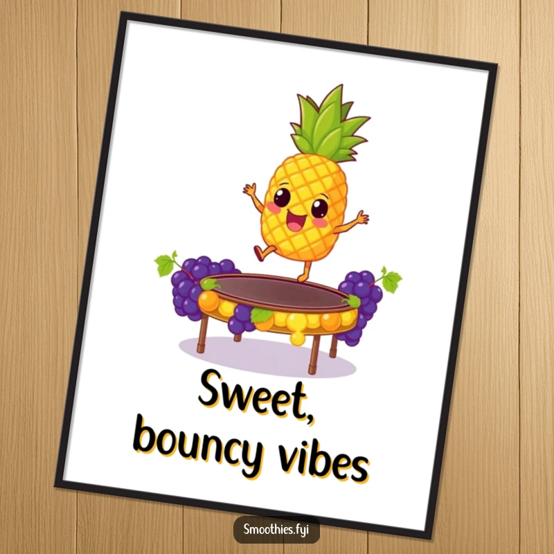 Funny Digital Art Print: A giddy pineapple performs a comical jump on a trampoline constructed from grapes, a whimsical and humorous piece for digital display.