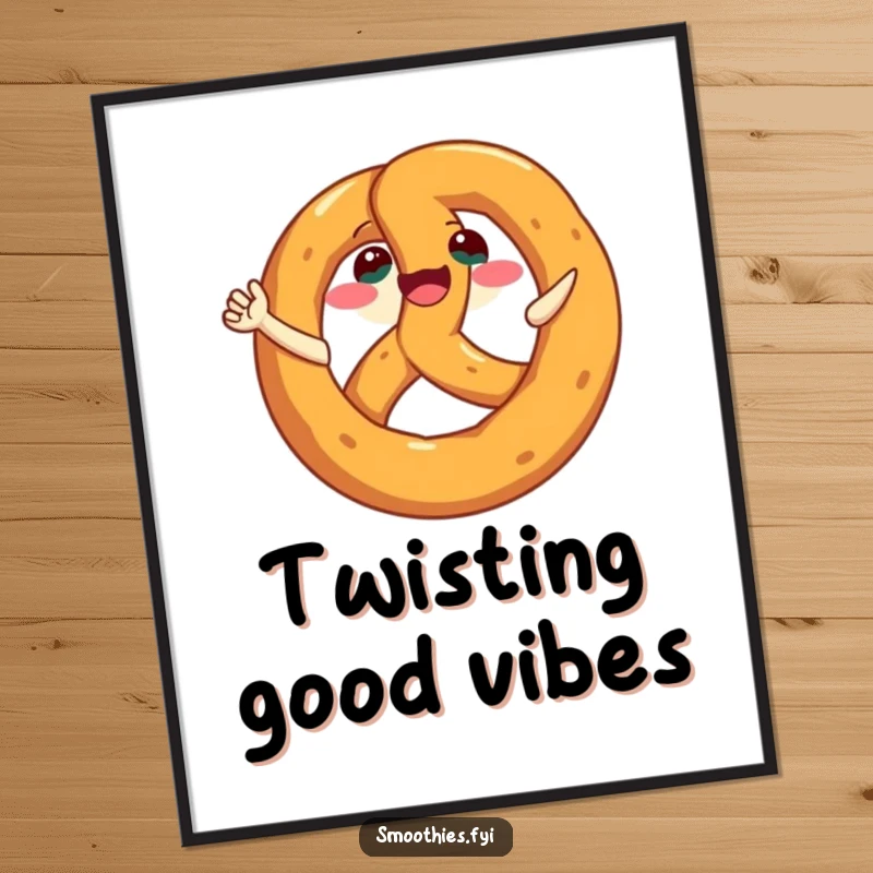 Funny Pretzel Digital Art Print of a happy, wide-grinning pretzel character doing a joyful, energetic spin.