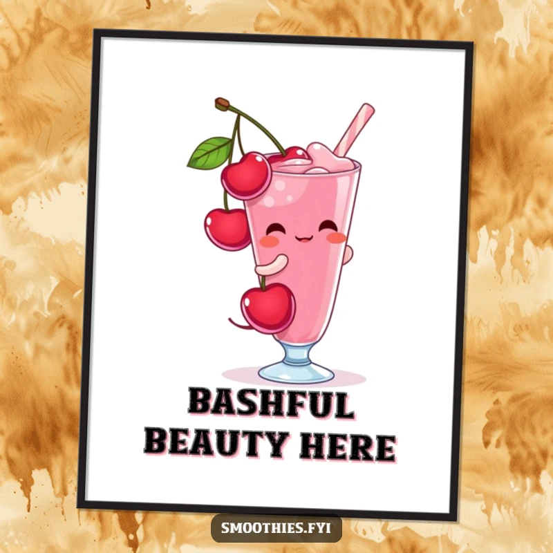 Funny shy cherry character blushing while pouring itself into a tall smoothie glass, available as a downloadable digital art print.