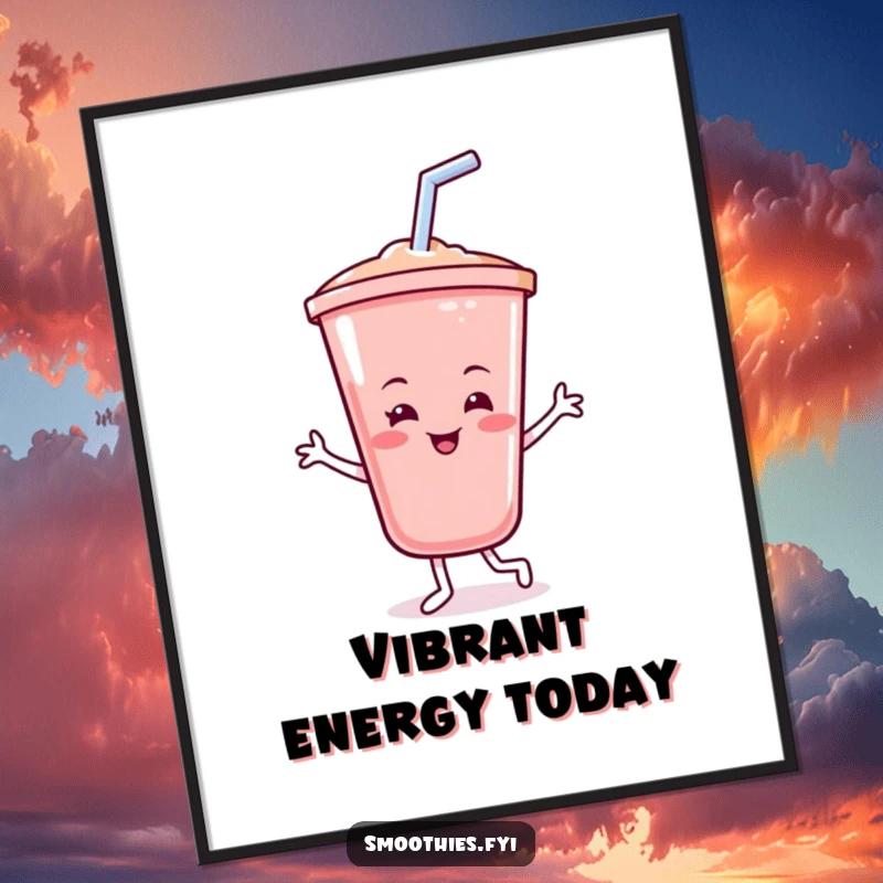Funny smoothie digital art print showing a cheerful smoothie cup dancing with its straw, radiating pure, blended happiness and vibrant, fun energy.
