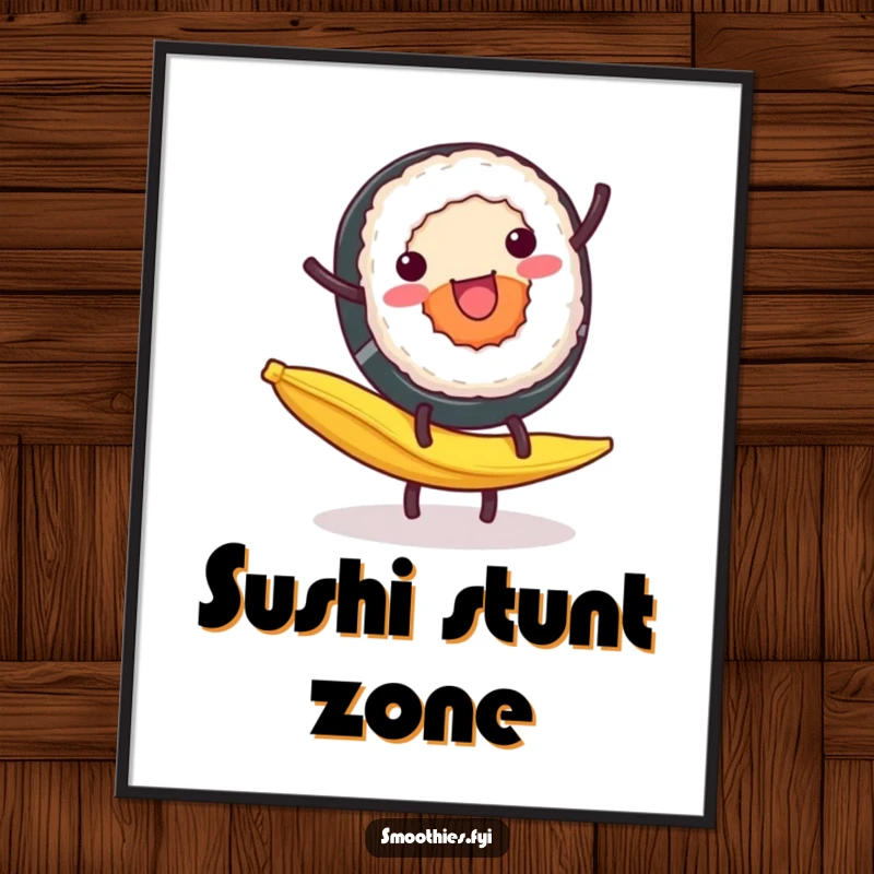Funny Digital Art Print: A cheerful sushi roll executes a cartwheel on a banana peel, a humorous and dynamic piece.