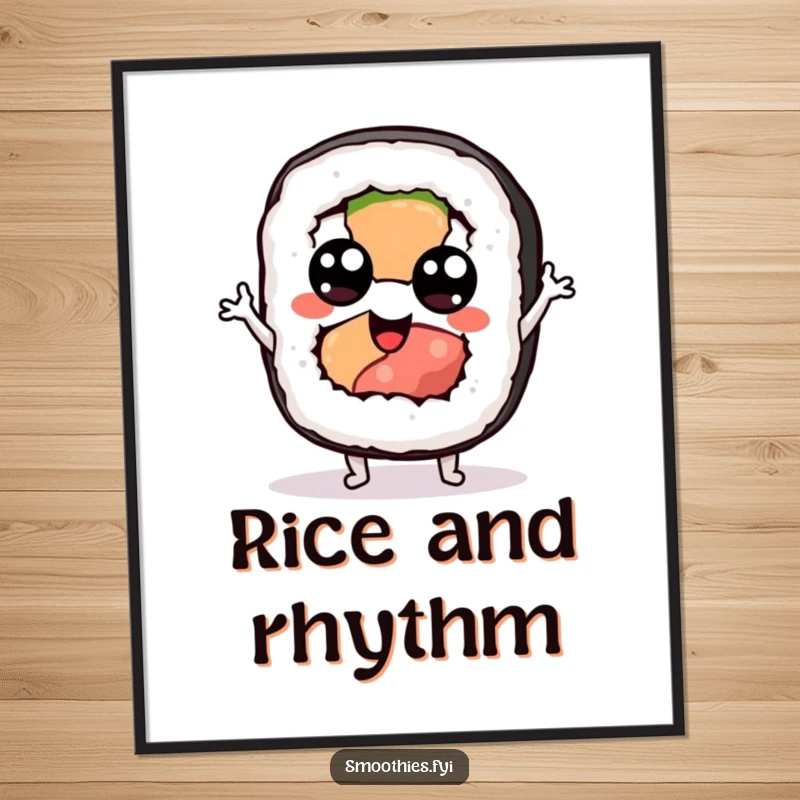 Funny sushi digital art print of a googly-eyed sushi roll character doing a silly jig, ready to add instant fun.