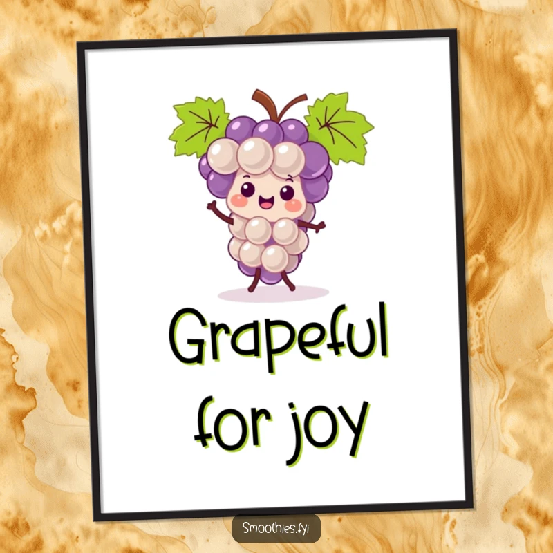 Funny kawaii grape bunch digital art print, joyfully jigging with a smile, a vibrant and humorous instant download.