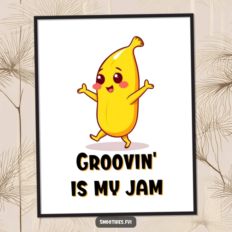 Funny digital art print of a yellow banana character in a playful dance, perfect for adding joyful humor to digital displays.