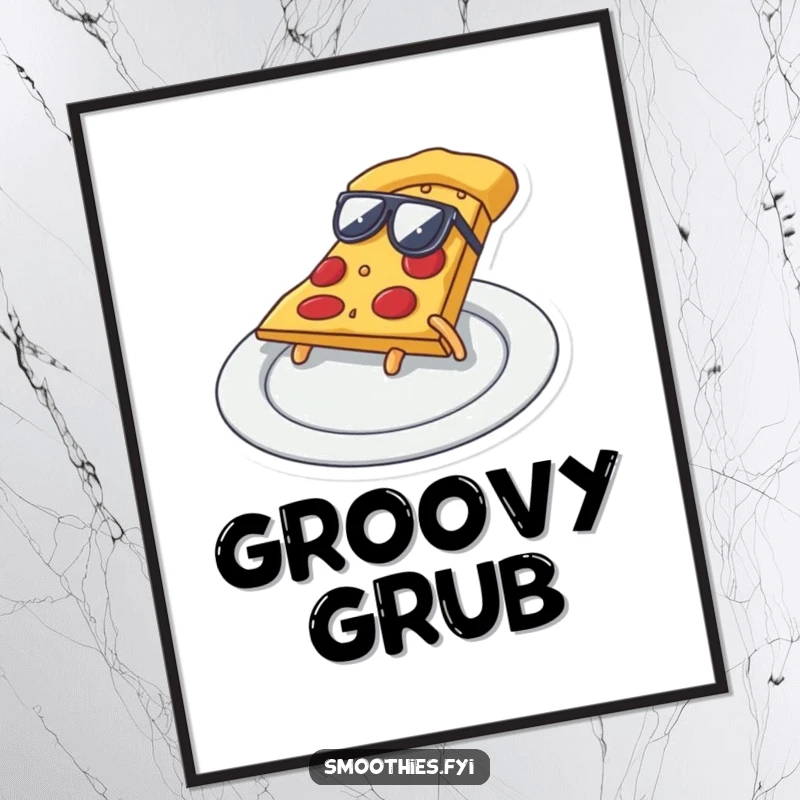 Funny pizza slice with sunglasses doing a cool slide across a plate, humorous digital art ready to download.