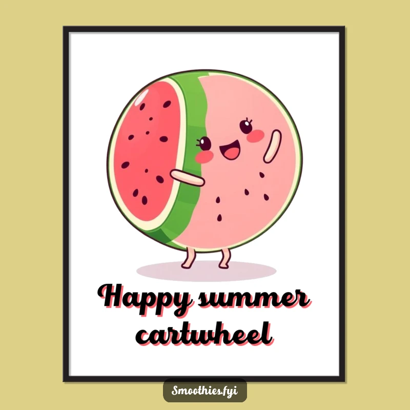 Printable Funny Kawaii Watermelon Cartwheel Art - Instant Fruit Decor