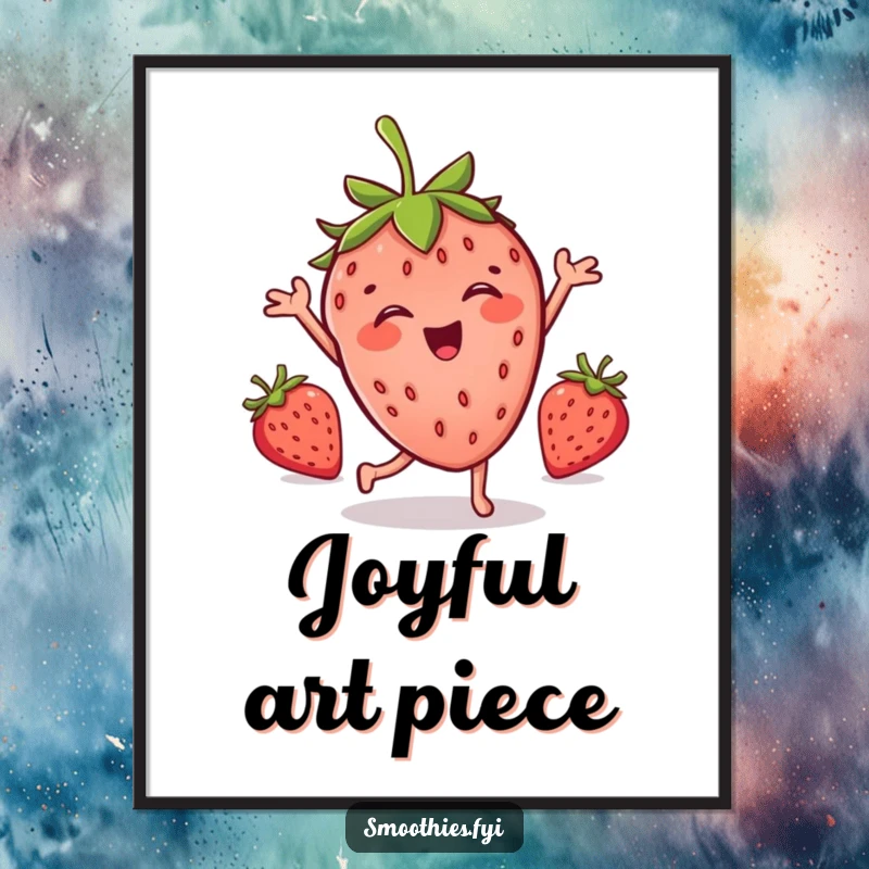 Funny digital art print of a joyful strawberry character in a whimsical, silly dance, perfect for colorful wall decor.