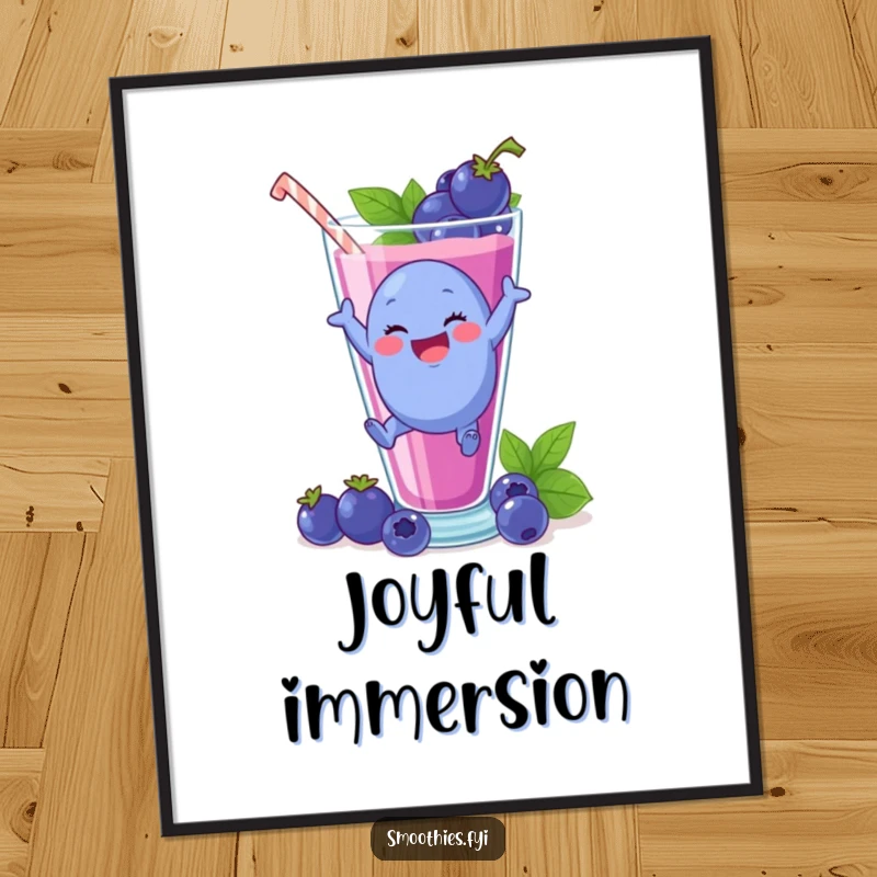 Funny plump blueberry character delightedly leaping into a giant smoothie glass, as downloadable art.