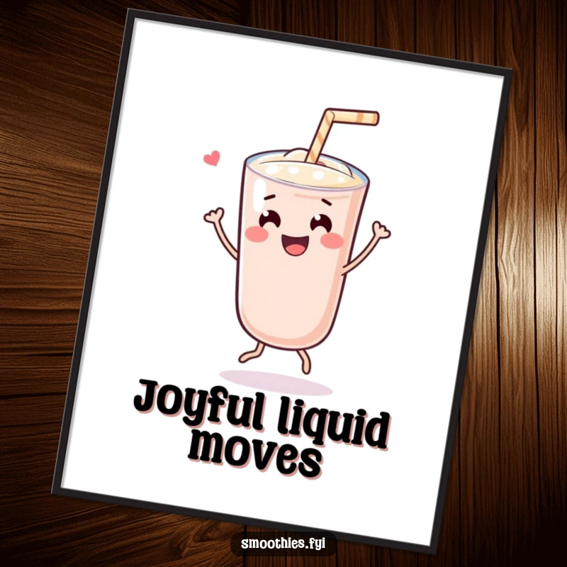Funny cheerful Kawaii smoothie character doing a joyful dance with a straw, rendered as a high-resolution digital art print for instant wall decor.