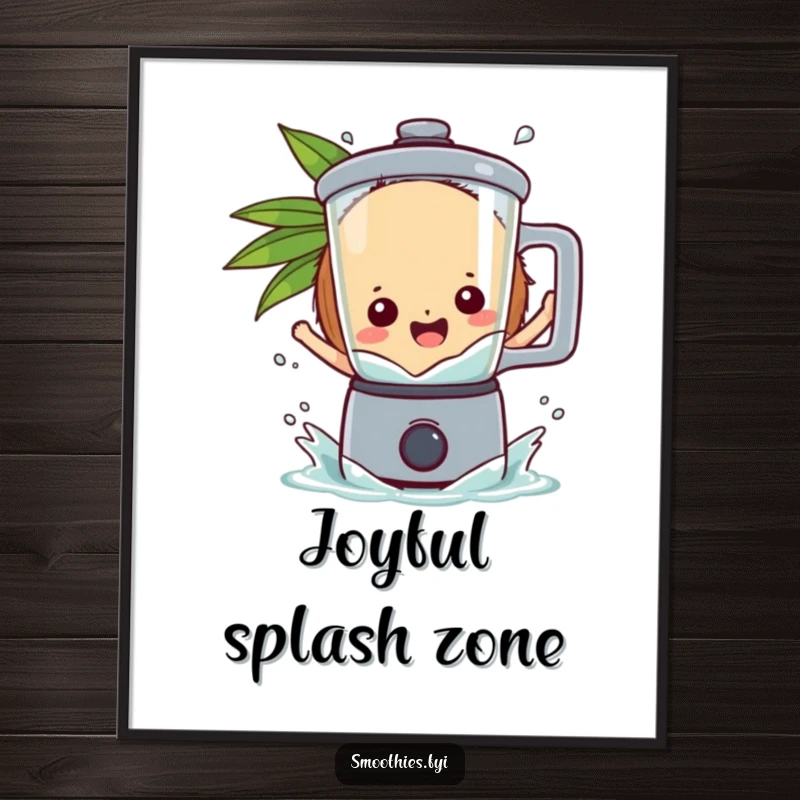 Funny playful coconut character gleefully splashing into a blender, available as a downloadable digital art print.