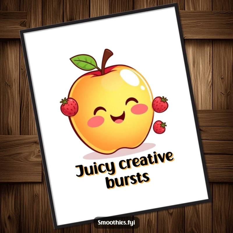 Funny digital art print of a smiling apple juggling three tiny floating berries, a cheerful and artistic addition to any space.