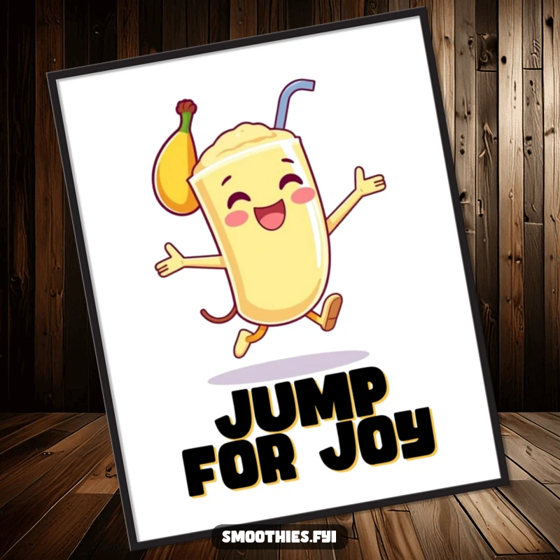 Funny digital art print of a happy anthropomorphic banana smoothie performing a joyful leap, radiating excitement and unbridled happiness.