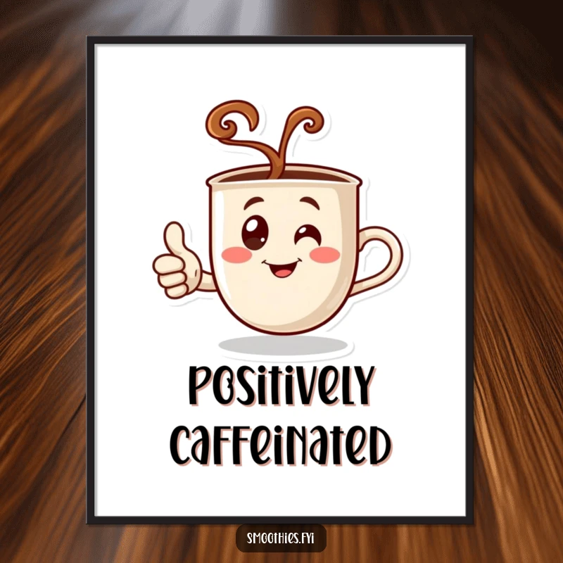 Funny digital art print of a steaming coffee cup character giving a thumbs up, perfect for adding humorous approval to digital displays.