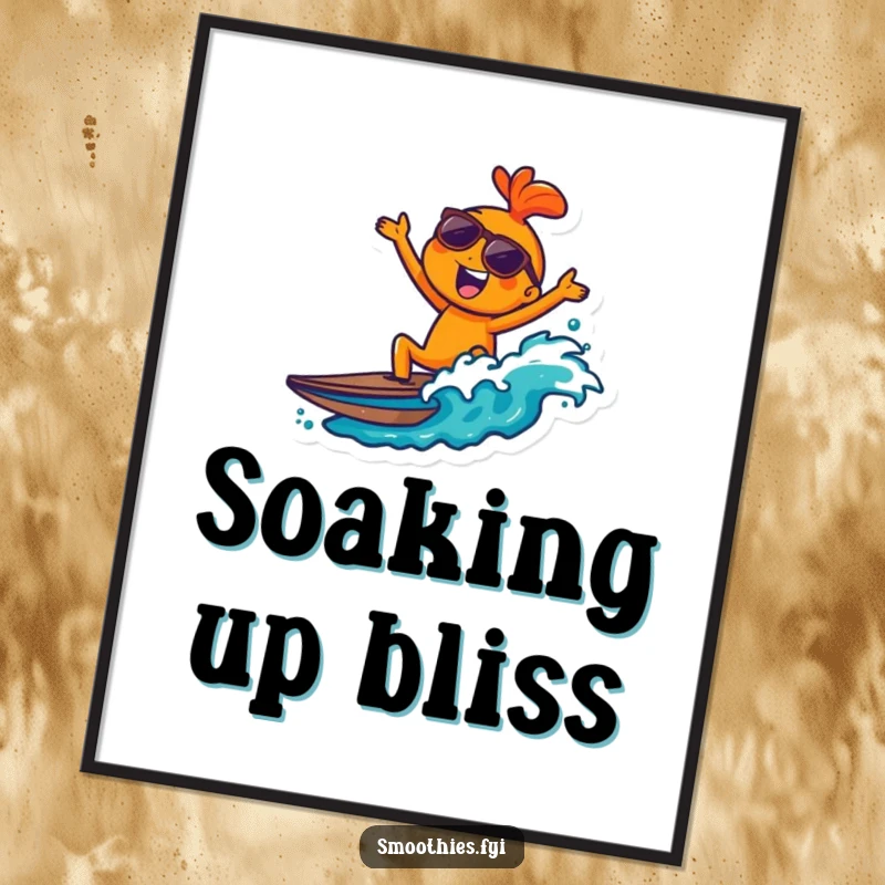 Funny joyful orange character wearing sunglasses, riding a wave on a digital art print, conveying cool beach humor.