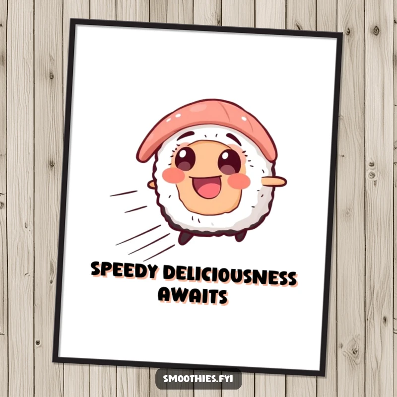 Funny digital art print of a smiling sushi character zooming forward with speed lines, perfect for adding energetic humor to digital displays.