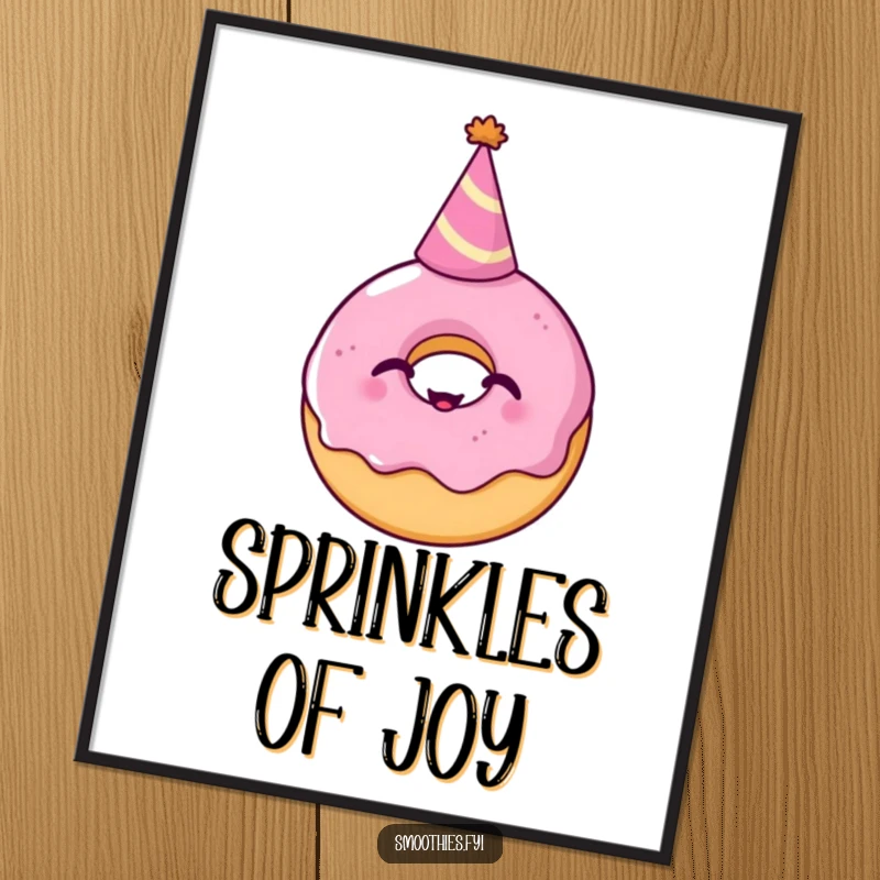Funny Digital Art Print: A giggling donut wearing a party hat brings festive joy and whimsical humor to any digital display or print.
