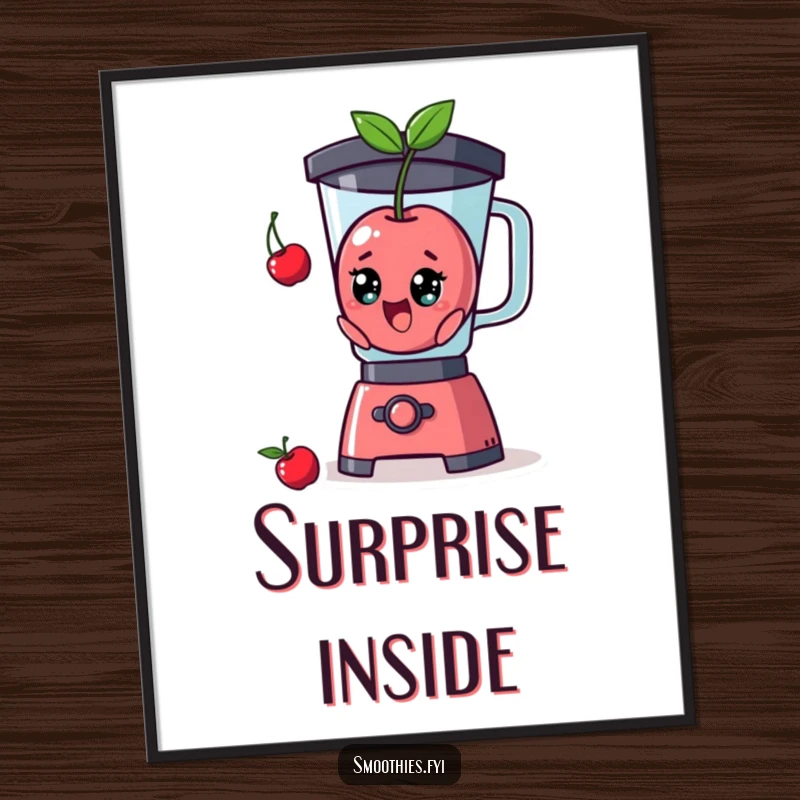 Funny surprised cherry character comically popping out of a blender, optimized for digital art prints, conveying shock.