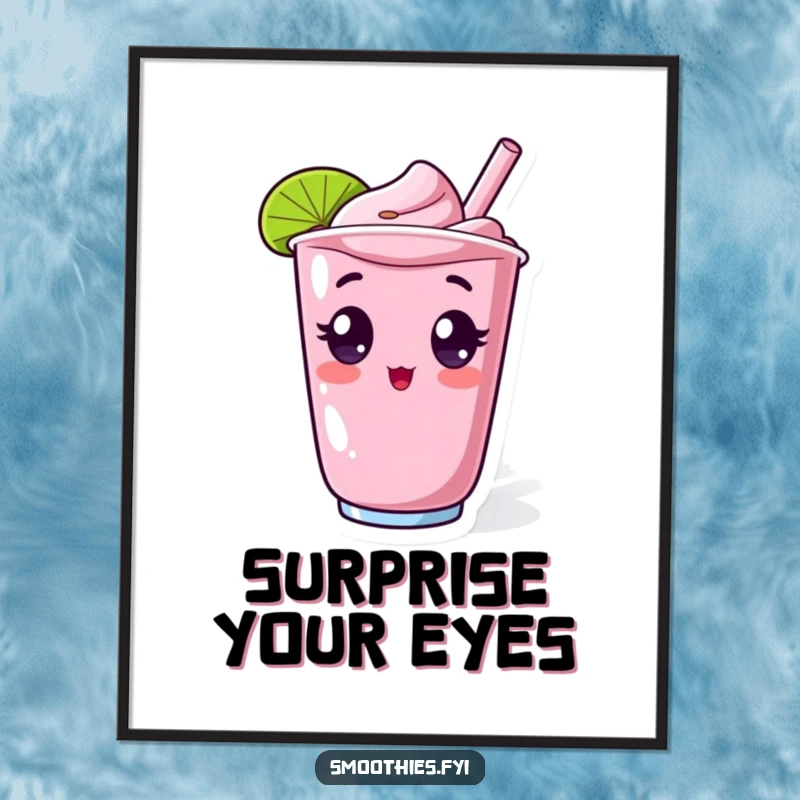 Funny digital art of a surprised kawaii smoothie character with wide eyes, popping out of a cup, conveying humorous shock and delight.