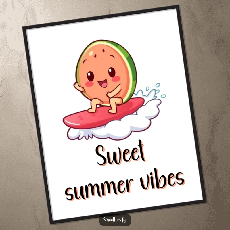 Funny digital art print of a cheerful watermelon slice surfing on a jelly wave, a vibrant and humorous piece of summer art.