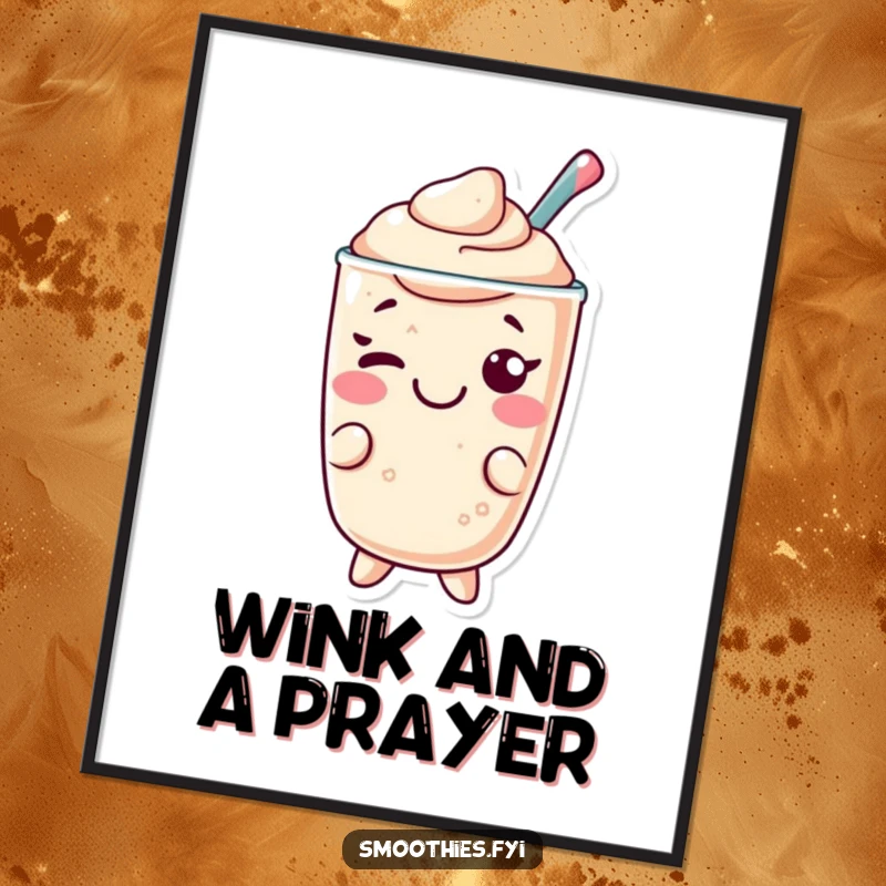 Funny Kawaii smoothie digital art print, cheerful character giving a playful wink, charming and humorous artwork.
