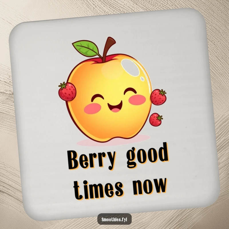 Funny drink coasters featuring a smiling apple juggling three tiny floating berries, adding a humorous touch to any beverage setting.