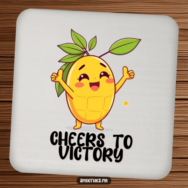 Funny gleeful mango character performing a triumphant pose on a drink coaster, adding a humorous, celebratory touch.