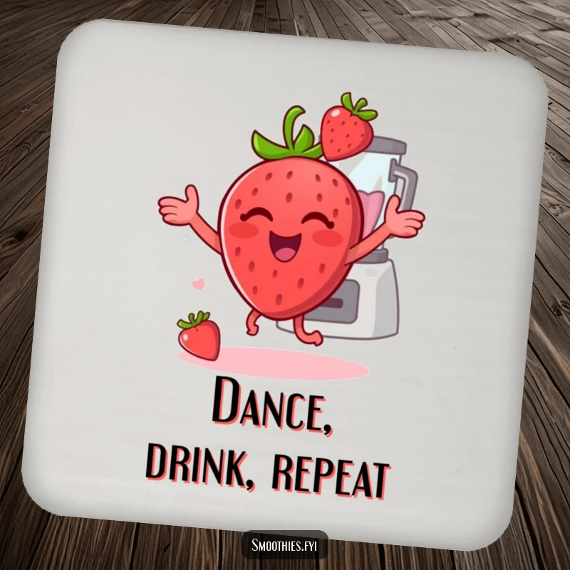 Funny strawberry doing a happy dance with a blender in the background on drink coasters, adding playful protection.