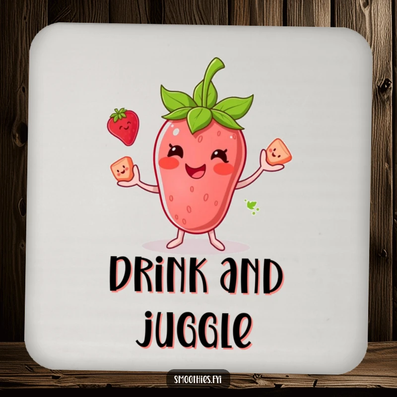 Funny drink coaster with a smiling anthropomorphic strawberry smoothie juggling fruit, adding a whimsical touch to beverage service.