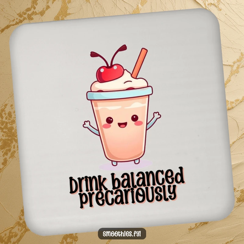 Funny Kawaii Smoothie Cup Coaster featuring a cute character bouncing a cherry, protecting tables with a smile.