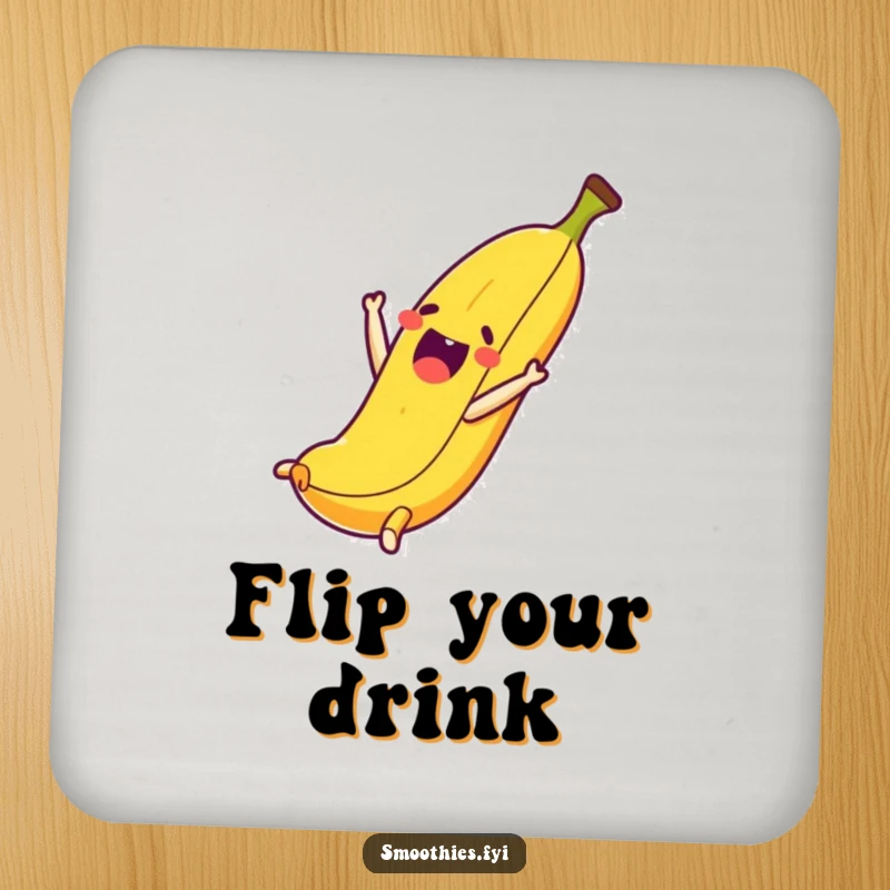 Funny drink coasters with a thrilled banana character performing a somersault, adding a humorous touch to drinks.