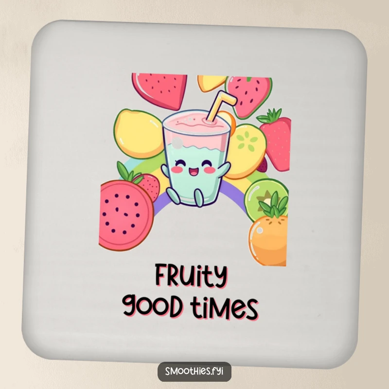 Funny Coaster: A happy Kawaii smoothie slides down a fruit rainbow, adding joy to your table.