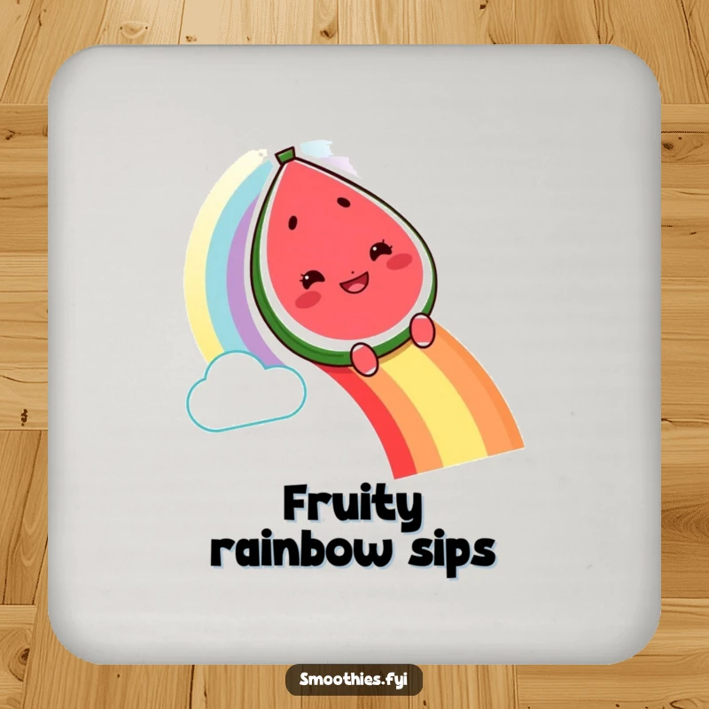 Funny grinning watermelon character drink coaster sliding down a rainbow, protecting surfaces with humor.