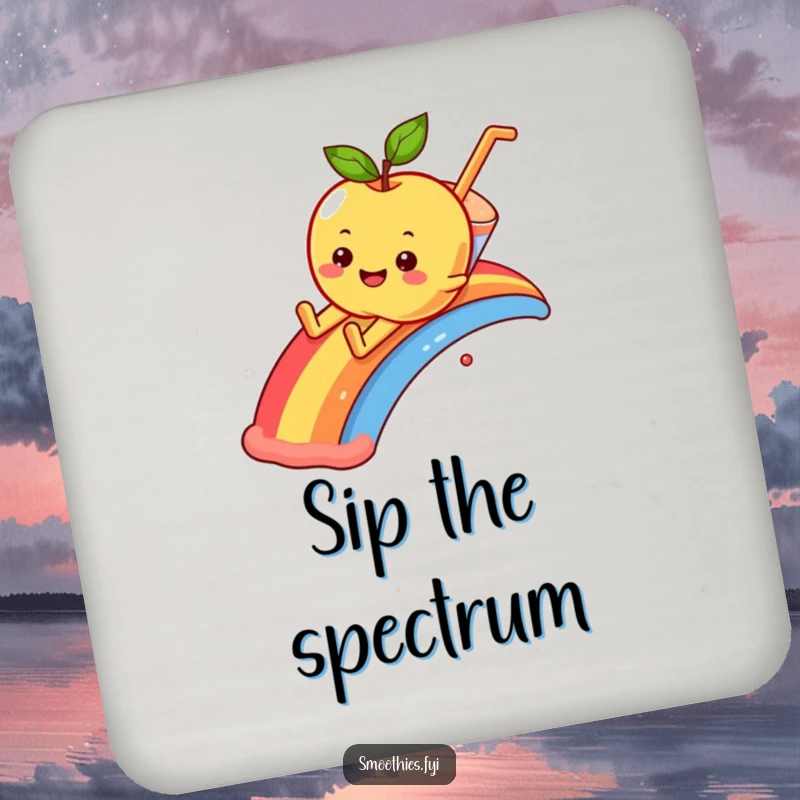 Funny smiling apple character playfully sliding down a rainbow into a smoothie, on a drink coaster.