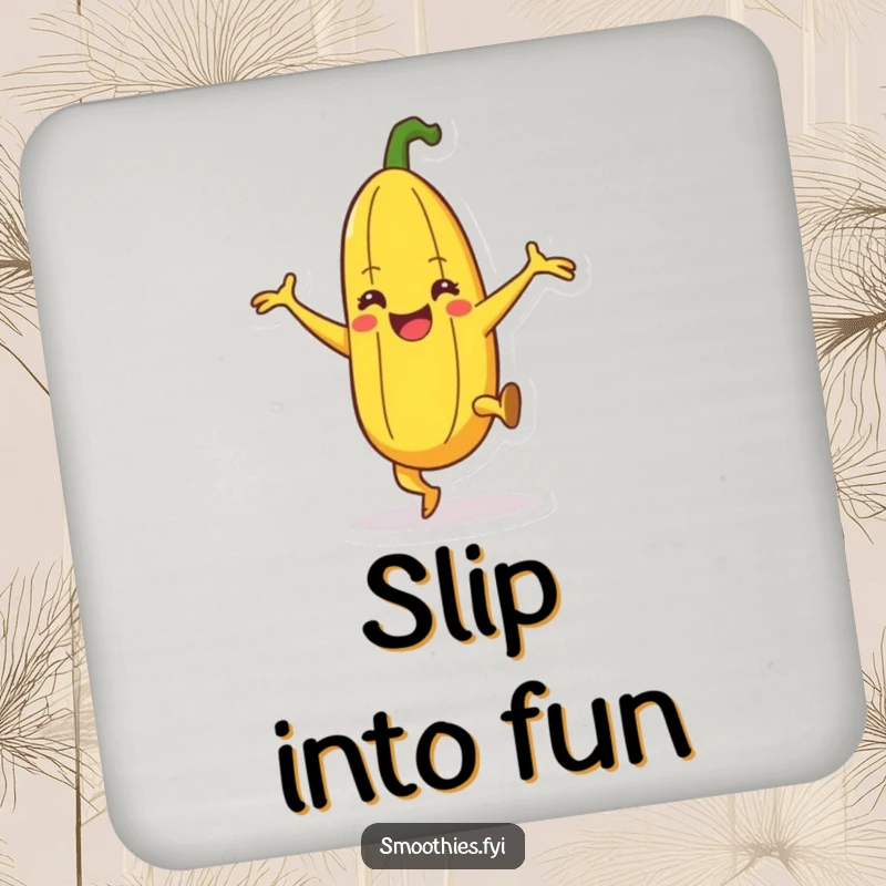 Funny happy banana character drink coaster doing a silly dance with leg kicks, protecting surfaces with humor.
